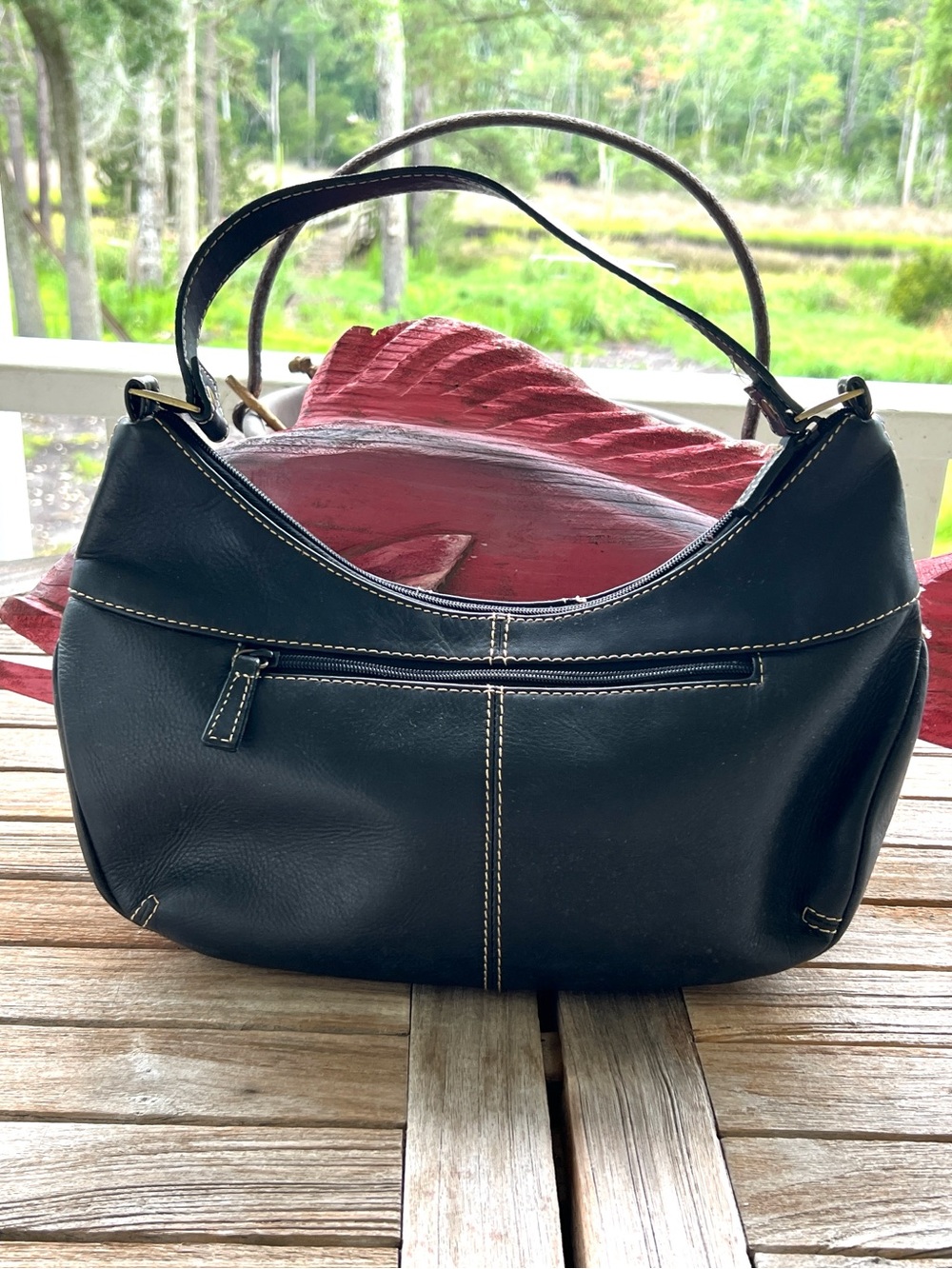 Y2K VTG Sereta Black Leather Shoulder Bag Hobo Curve Light Contrast Stitching